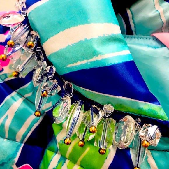 NWT Lilly Pulitzer RARE Embellished Puffer Jacket Ikat Blue Island Exotic NICE!! - Picture 3 of 6